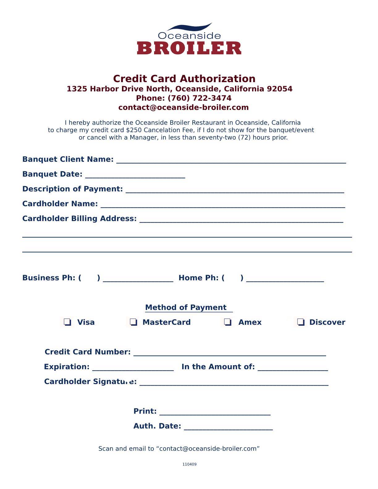 Banquet Credit Card Authorization - Oceanside Broiler
