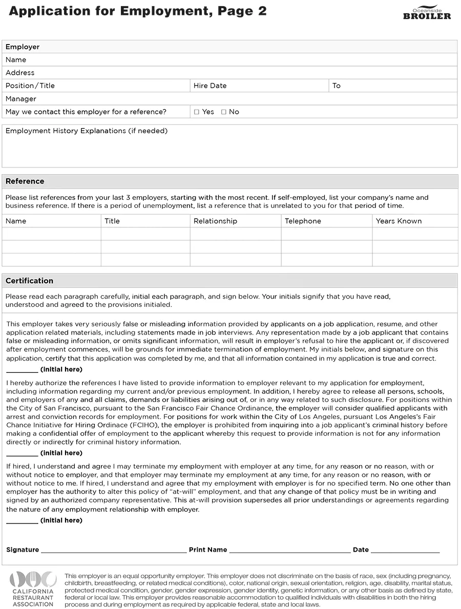 Employee Application Page 2